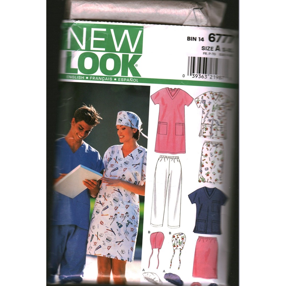 New Look 6777 Medical Scrubs Sewing Pattern Top Pants Skirt Dress Hat Size S